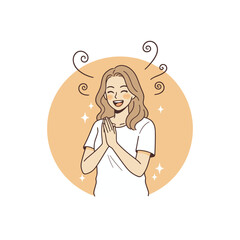 Excited Happy Woman Smiling with Clasped Hands Vector Illustration Female Character Expressing Joy and Gratitude Cartoon Style