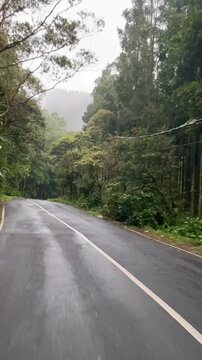 Tegal Indonesia October 2, 2025. View of village roads and residential areas surrounded by pine forests in Guci, Tegal, Central Java, Indonesia.