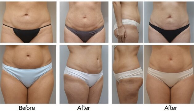 A collection of before-and-after images to demonstrate the results of liposuction or body contouring. Useful in beauty clinics and fitness programs