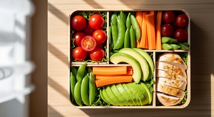 Overhead View of a Balanced and Colorful Bento Box Featuring Grilled Chicken, Fresh Vegetables, and Creamy Avocado for a Healthy Meal