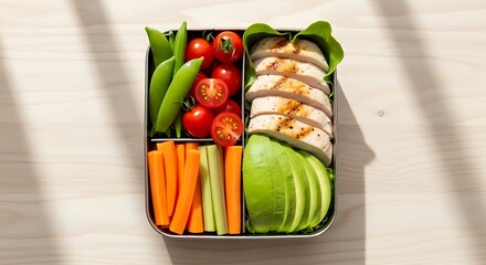 Delicious and Nutritious Grilled Chicken Bento Box with Fresh Vegetables and Avocado Slices, Perfect for a Healthy Packed Lunch or Meal Prep