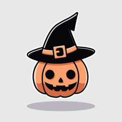 Illustration of a cute pumpkin head wearing a wizard hat on a gray background