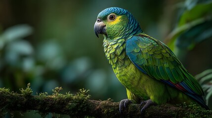 Obraz premium portrait of an Amazon Emperor Parrot perched on a moss-covered branch in a lush tropical rainforest. The bird's vibrant green, blue, and yellow feathers are rendered in sharp detail, with individual 