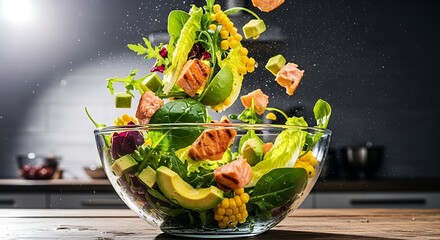 Fresh and Vibrant Salad Ingredients Including Salmon, Avocado, and Mixed Greens Falling into a Glass Bowl, Dynamic Action Shot of Healthy Cooking