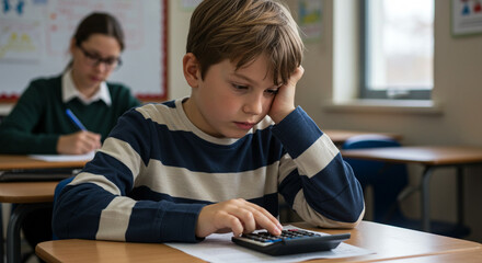Student using calculator on desk during test in classroom, education and concentration concept