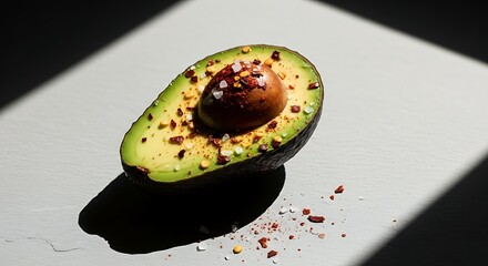 Half an Avocado Seasoned with Sea Salt and Chili Flakes, Beautifully Lit with Strong Shadows on a Modern Minimalist Background