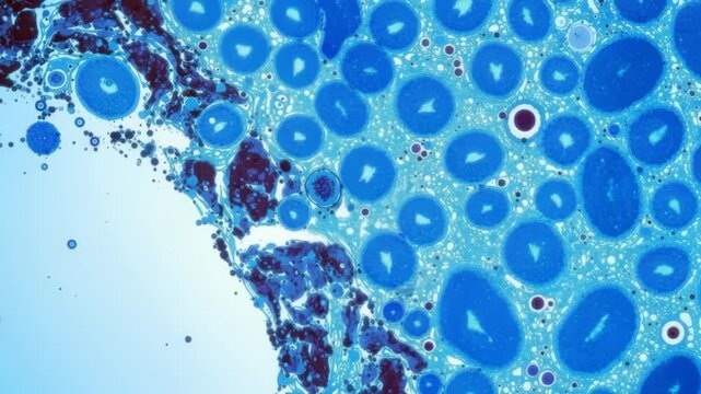 Lassa virus infected tissue microscopy with dark blue staining and granular cytoplasmic changes