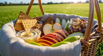 Close-up of a Rustic Wicker Picnic Basket Filled with Fresh Apples, Hummus, Crackers, and Nuts, Resting in a Sunny Green Field