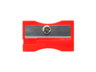 Top view, red pencil sharpener, a tool for sharpening pencils and an essential tool for document work, writing or drawing, isolated on transparent background.