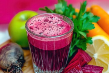 A glass of juice with a carrot and a lemon on a wooden table