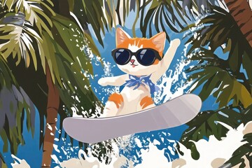 A cat is wearing sunglasses and a bandana while riding a snowboard