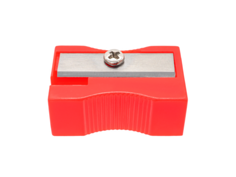 Close up, red pencil sharpener, a tool for sharpening pencils and an essential tool for document work, writing or drawing, isolated on transparent background.