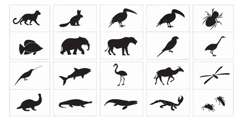 Create a collection of minimalistic black animal silhouettes in a clean, icon-style format. Each silhouette should clearly represent a different animal species — including mammals, birds, reptiles, in