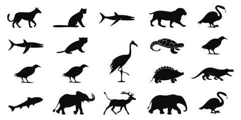 Create a collection of minimalistic black animal silhouettes in a clean, icon-style format. Each silhouette should clearly represent a different animal species — including mammals, birds, reptiles, in