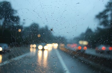 A spider web is seen through a car window on a rainy day