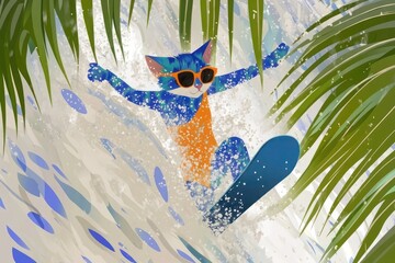 A cat is snowboarding down a wave