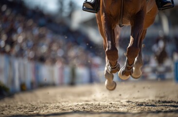 A horse is running in a race with a crowd of people watching