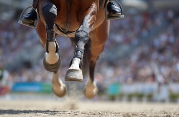Close-up of a horse's legs in the air, jumping in an equestrian arena with spectators behind it.