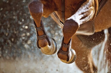 Close-up of a horse's legs in the air during a competition, capturing the motion and detail.