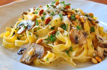 A plate of pasta with mushrooms and cheese