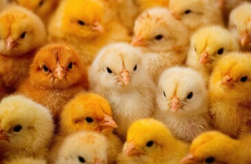 A group of baby chicks are sitting in a row