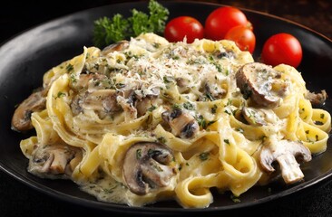 A plate of pasta with mushrooms and cheese