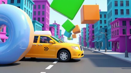 Yellow taxi navigates colorful cityscape with floating shapes in vibrant urban animation