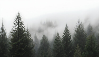 Fototapeta premium Misty Forest of Evergreen Trees in Foggy Mountain Landscape