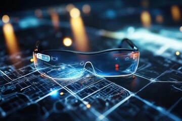 Futuristic smart glasses displayed on a digital interface with glowing circuits and data patterns