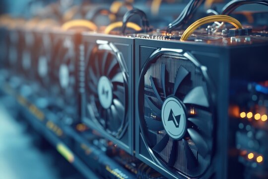 Modern computer hardware setup for cryptocurrency mining in a high-tech facility