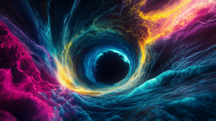 Naklejka premium Vortex space background poster. Fantastic whirlwind wallpaper. Abstract swirl dynamic concept horizontal banner. Black hole digital illustration. AI artwork. 