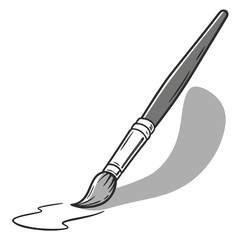 A black and white illustration of a paintbrush creating a puddle of paint on a white background