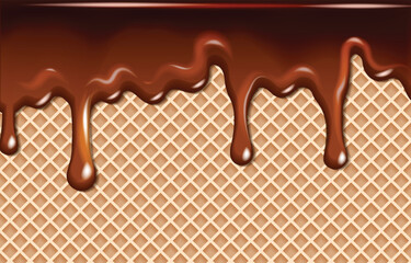 Delicious melted milk chocolate dripping on wafers background