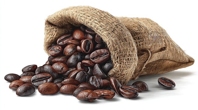 Overflowing burlap sack with dark, shiny roasted coffee beans spilling outwards