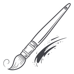 Hand drawn sketch of a paintbrush with dark ink splatters and a swirl on a white background
