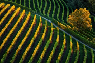 Fototapeta premium Scenic vineyard rows exhibiting intricate patterns amidst lush greenery under golden sunset, showcasing the art of viticulture and nature's craftsmanship in breathtaking harmony