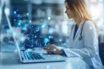 Healthcare professional working on a laptop with digital data visualization in a modern clinic