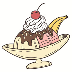Whimsical illustration of a classic banana split dessert with ice cream whipped cream chocolate sauce and a cherry on top