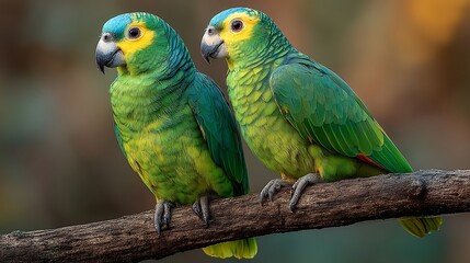 Obraz premium stock photo of two Amazon Emperor Parrots set against a clean, soft-focus background of a sun-dappled forest. The birds are positioned centrally on a weathered branch, their brilliantly colored 