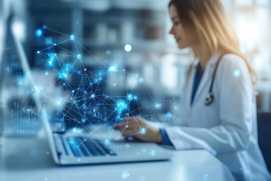 Healthcare professional working on a laptop with digital data visualization in a modern clinic