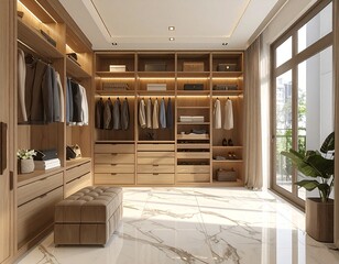 Wide-angle walk-in closet interior, marble flooring, built-in shelving, natural daylight.