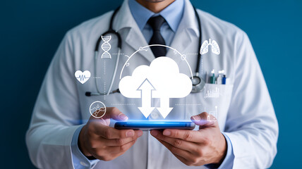 Doctor using cloud technology on smartphone for patient care, streamlining healthcare with modern digital tools, offering efficient medical solutions today