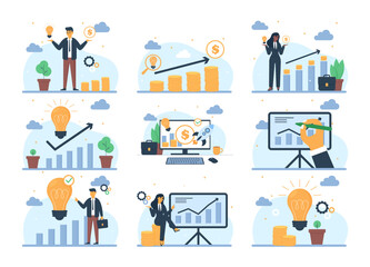 A set of business illustrations featuring scenes of men and women engaged in business activities.