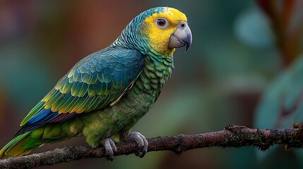Obraz premium Emperor Parrot in its natural habitat, perched prominently on a branch with a symmetrical composition. The photograph emphasizes the beautiful contrast between the bird's bright yellow head, 