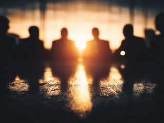 Silhouetted business team gathers around a conference table at sunset, reflecting light, symbolizing partnership, and strategic planning session at dusk.