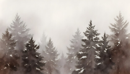 Fototapeta premium Misty Forest with Tall Evergreen Trees in Monochrome Watercolor Style