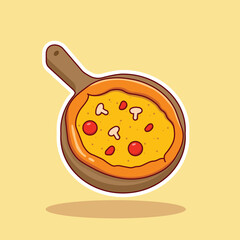 Cute pizza illustration on a wooden tray floating on a yellow background