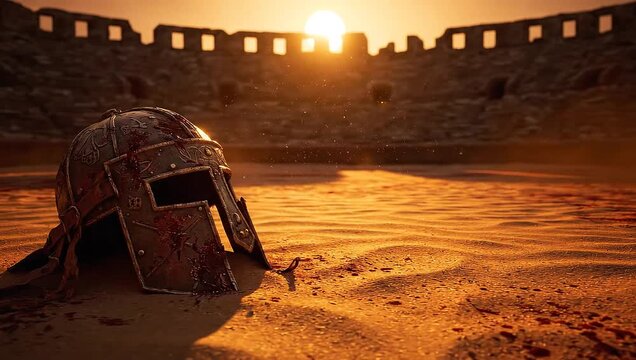 Ancient Gladiator Helmet on Sand in Arena at Sunset