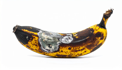 Rotten banana with blackened peel and mold spots, spoiled fruit, toxic and unhealthy food.