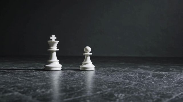 A white king and a white pawn chess pieces standing together on a dark stone background with dramatic lighting and copy space